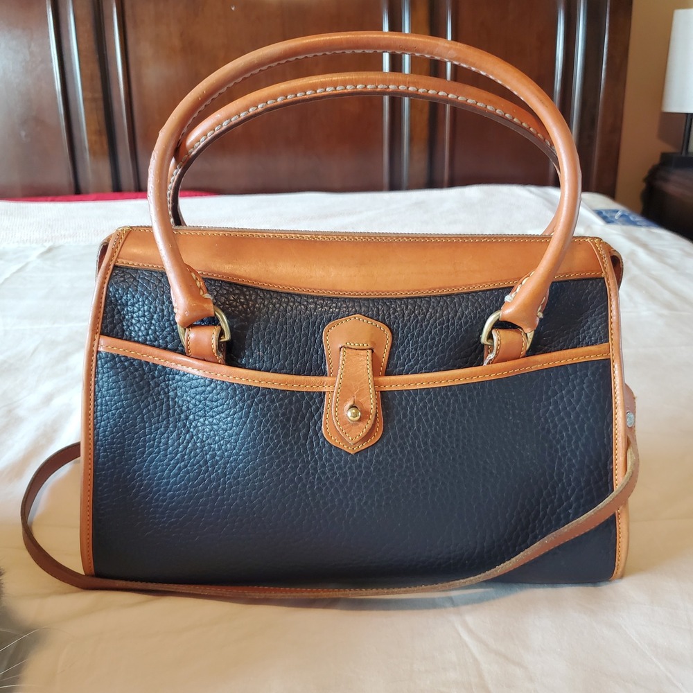 Dooney & Bourke All Weather Leather Satchel Navy Blue British Tan Vintage Bag - Picture 2 of 8